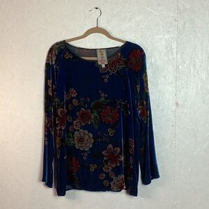 Blue velvet Johnny Was long-sleeve shirt with red and green floral pattern